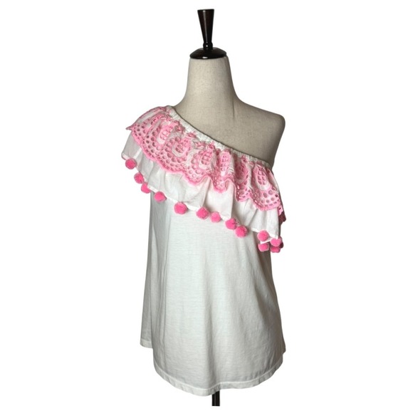 Lilly Pulitzer Shirt Women Small White Pink Idara One Shoulder‎ Eyelet Pom Pom - Picture 3 of 12